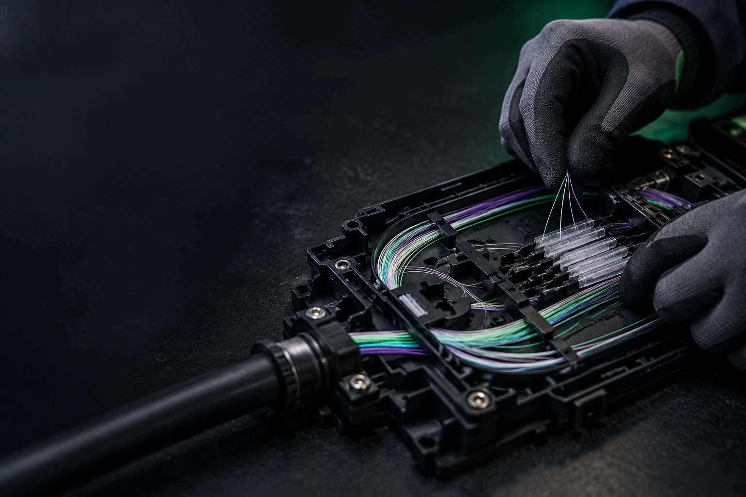 Careful handling of fine fibre-optic strands in an optical splice tray