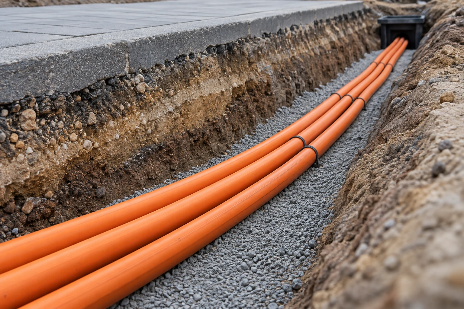 Orange fibre conduits in a prepared trench
