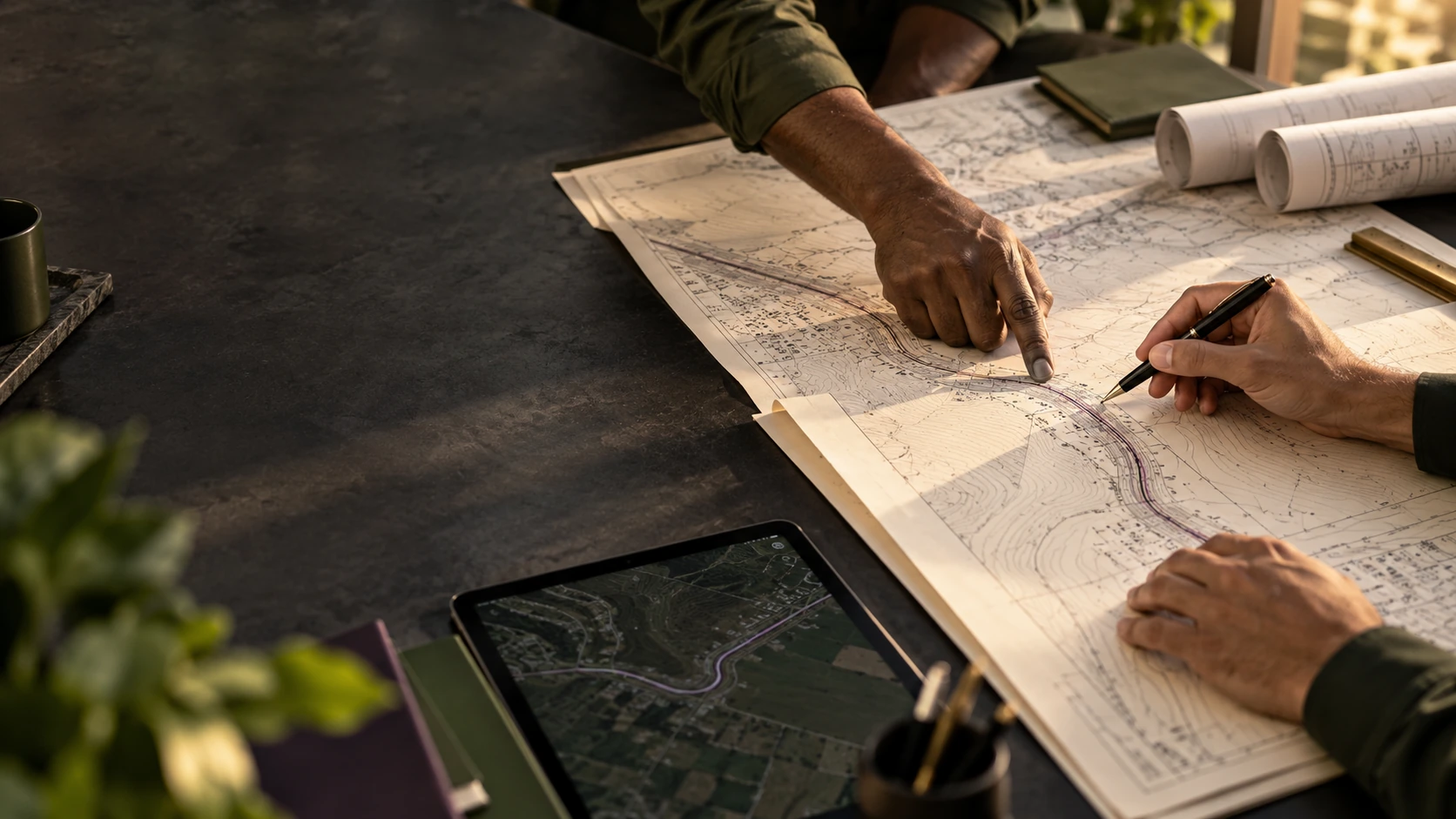 Hands tracing a route together on a detailed infrastructure plan