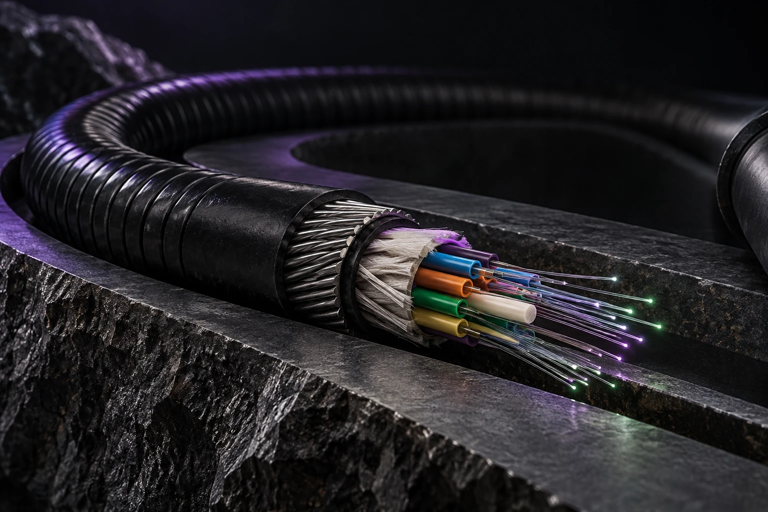 Armoured fibre optic cable with illuminated inner fibres