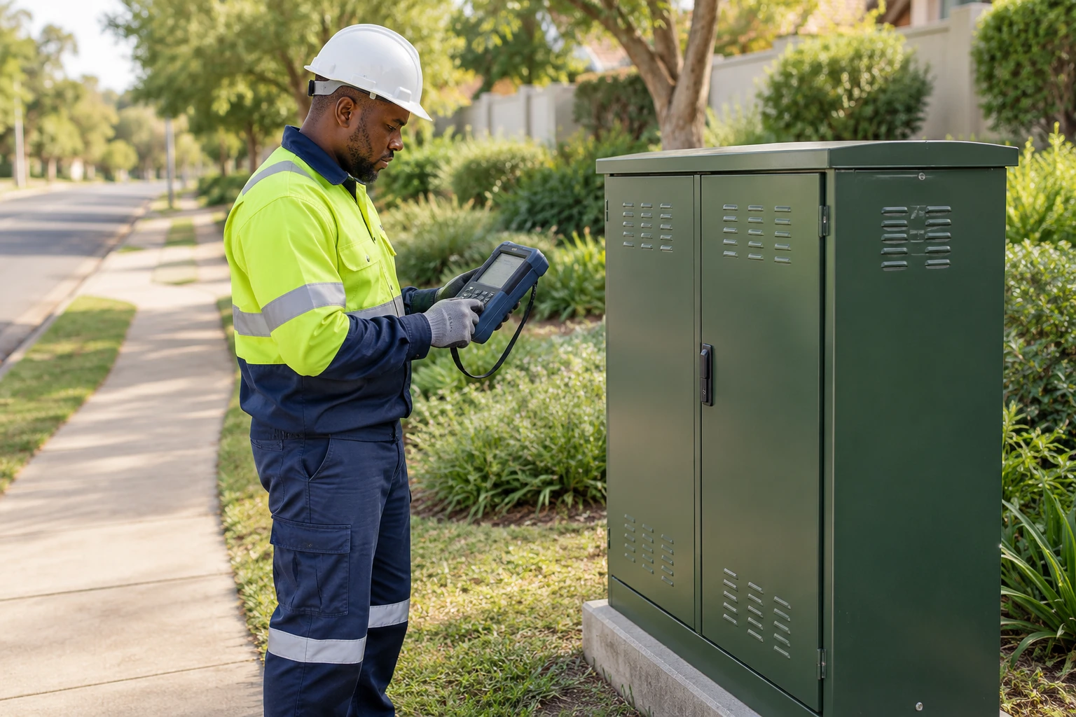 Field technician inspecting a roadside telecommunications cabinet with a handheld instrument