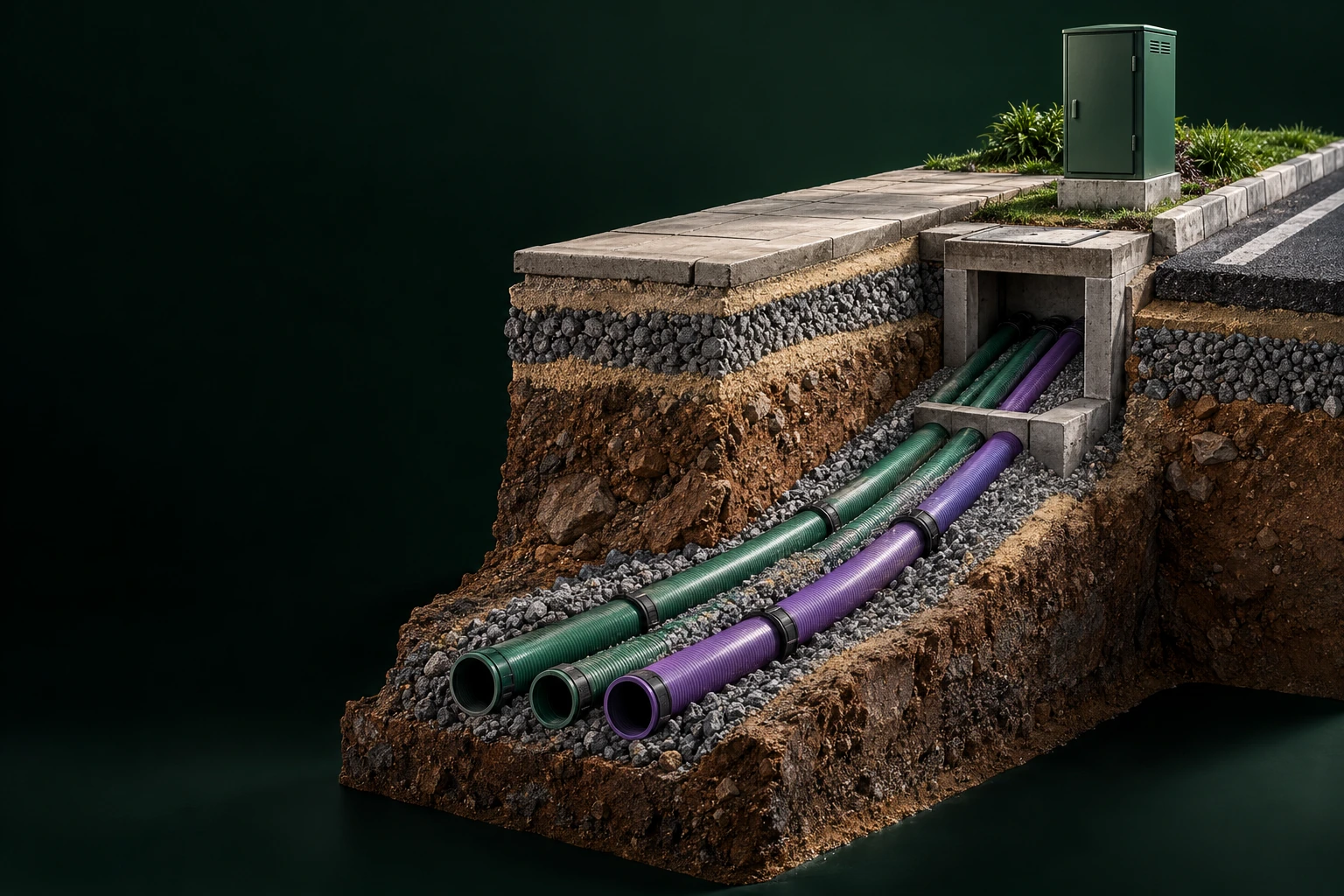Layered cutaway of pavement, earth, a concrete access chamber and protective underground ducts