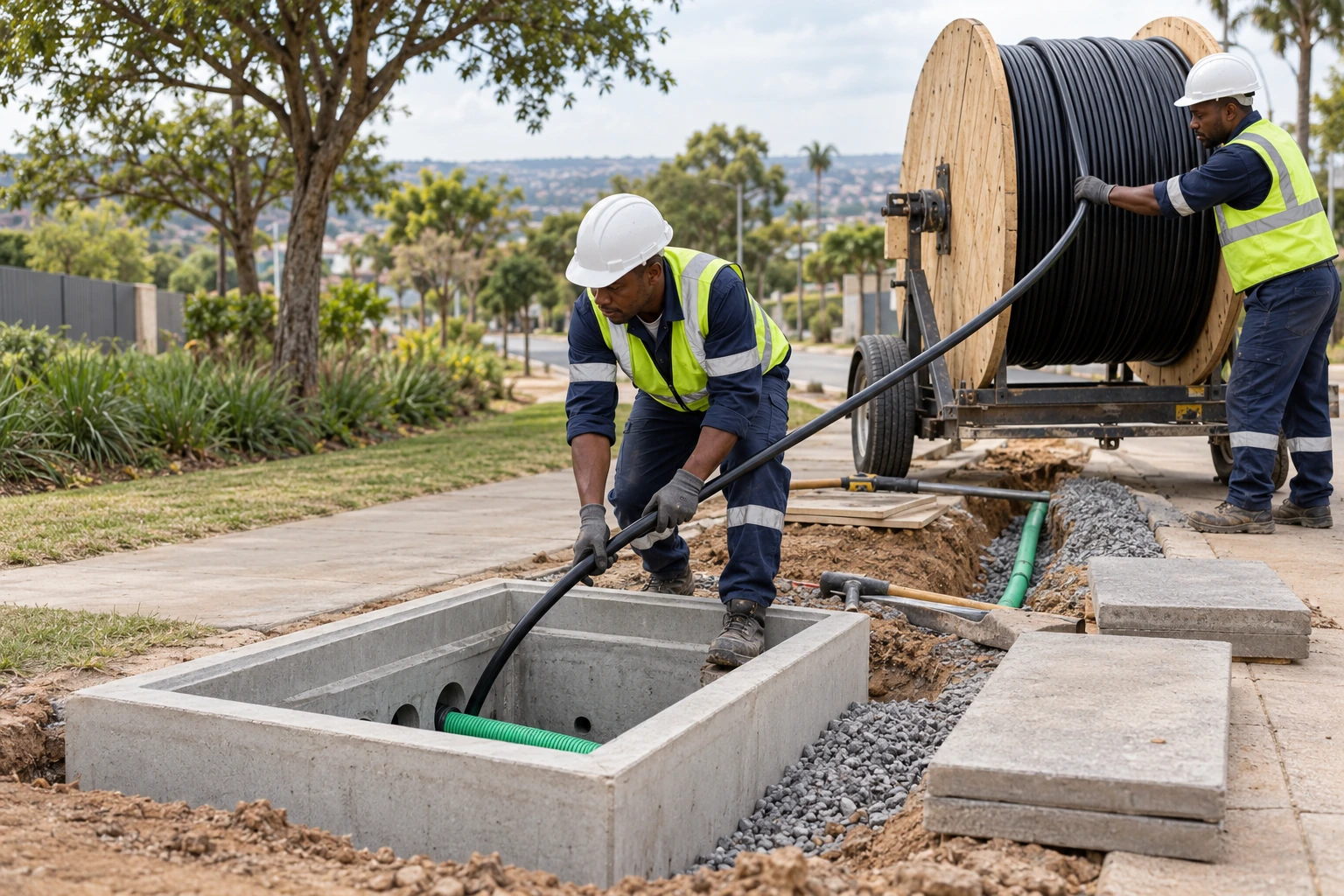 Infrastructure crew guiding cable from a reel into a concrete underground access chamber